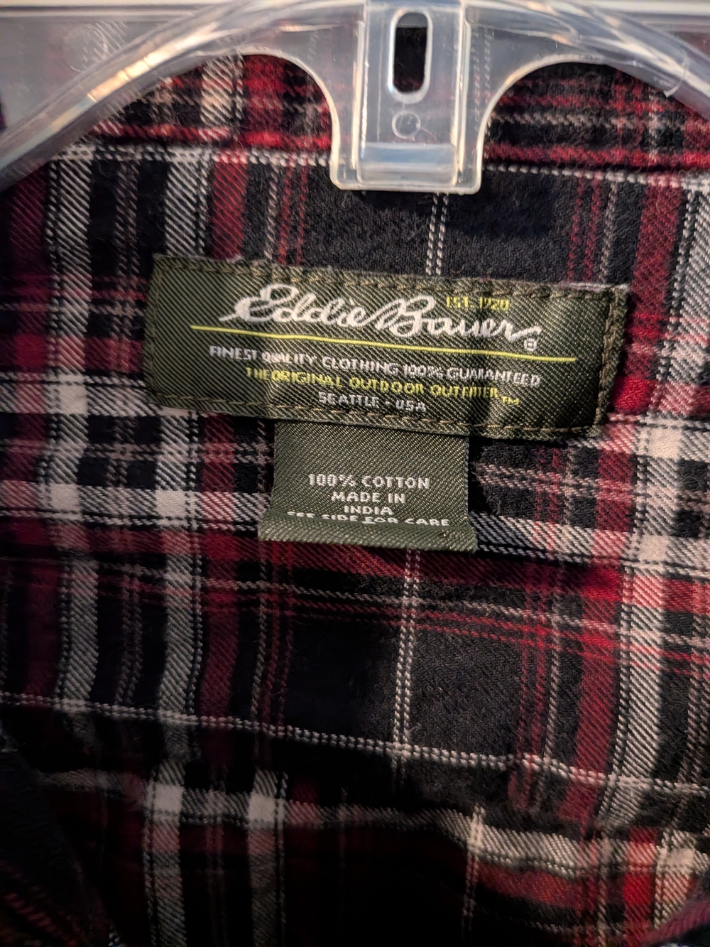 Eddie Bauer Men's Red and Black Plaid Button-Up Shirt